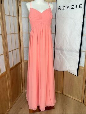Azazie Coral Pink Spaghetti Strap Chiffon Evening Dress
